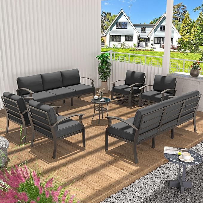 Aluminum Patio Furniture Set Patio Conversation Set,10 Seats Metal Modern Outdoor Furniture w/5.1" Cushions,Patio Sectional w/Swivel Chairs for Patio,Backyard,Grey