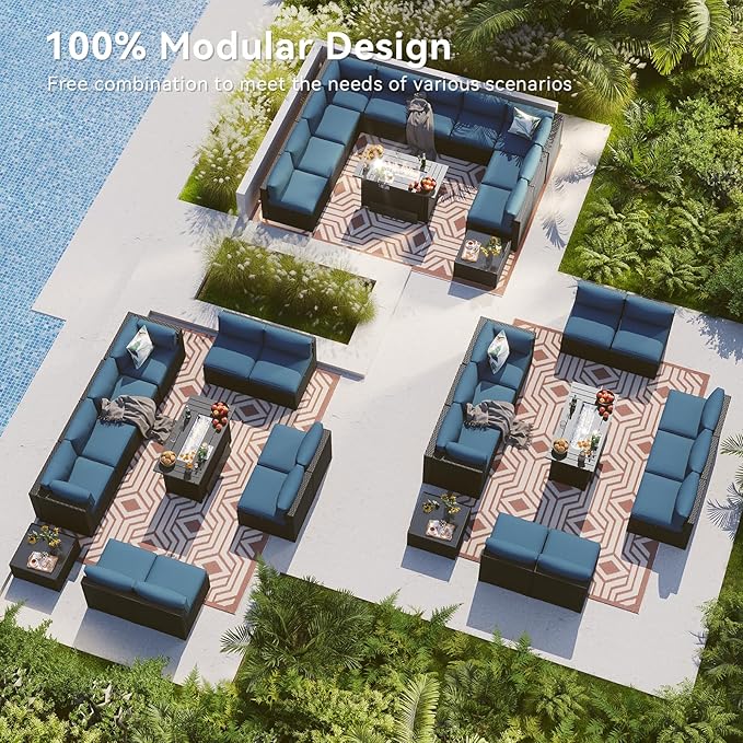 LazySunsets 12 Piece Outdoor Patio Furniture Set with 44'' Fire Pit Table, Outdoor Patio Furniture Sets with Waterproof Cover, Wicker Outdoor Conversation Set for Backyard & Garden, Peacock Blue
