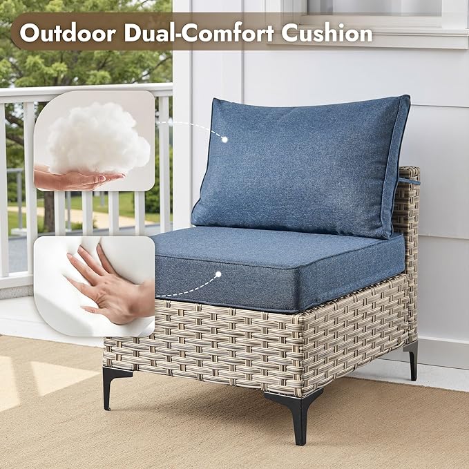 8 Pieces Patio Furniture Set with 42" Fire Pit, All-Weather Rattan Outdoor Sectional Conversation Sets L Shaped Sofas with Solar Light Coffee Table for Porch Balcony Backyard Denim Blue