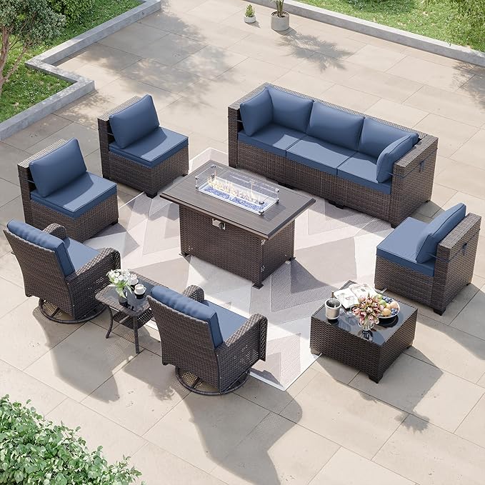 Patio Furniture Sectional Sofa Set 11PCS PE Rattan Swivel Rocking Chairs Patio Sofa Set, Outdoor Furniture Patio Conversation Set with 43in Propane Fire Pit and Coffee Table, Navy Blue