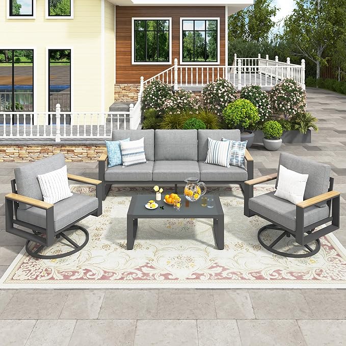 Wisteria Lane 5-Person Aluminum Patio Furniture Set with Swivel Chair, Metal Outdoor Furniture with Glass Coffee Table, Modern Patio Conversation Set for Pool Garden Porch Backyard, Grey