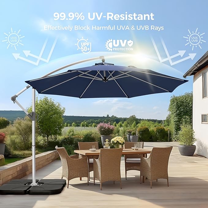 Fangflower 10FT Offset Patio Umbrella, Outdoor Umbrella with 8 Sturdy Ribs, Easy Tilt Adjustment, UPF50+ UV Protection Sun Umbrella for Pool, Porch, Garden, Backyard - Blue
