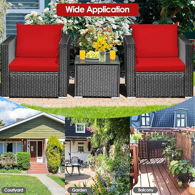 HAPPYGRILL 3 Piece Patio Furniture Set Rattan Wicker Patio Conversation Set with Coffee Table and Cushions Outdoor Sofa Set for Garden Balcony Porch Poolside