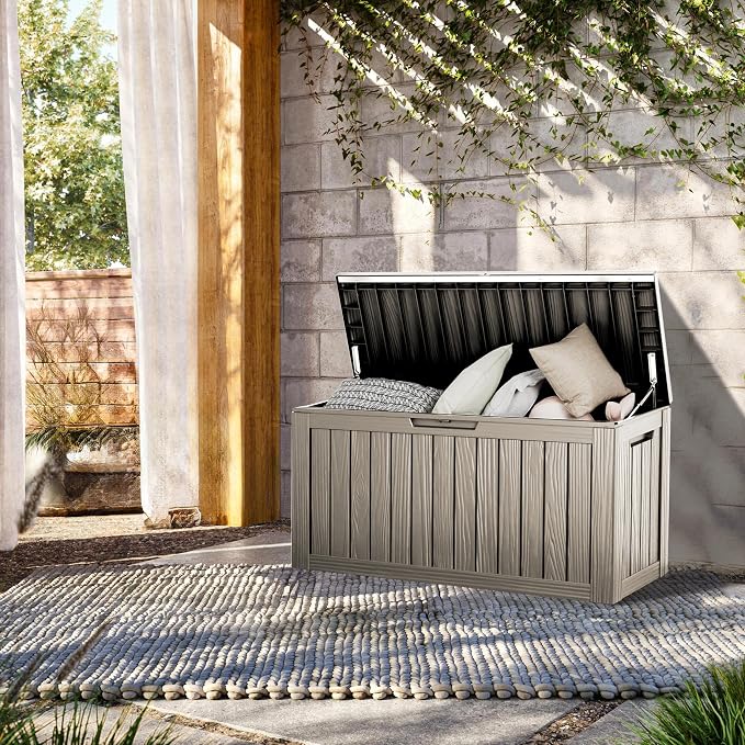 Outdoor Storage Box, 90 Gallon Waterproof Deck Box [Upgraded 3.0], Robust Weatherproof Organizer for Deep-Seat Cushions, Sports Equipment, Lockable Garden Tool Bench Seat, Side Yard, Grey