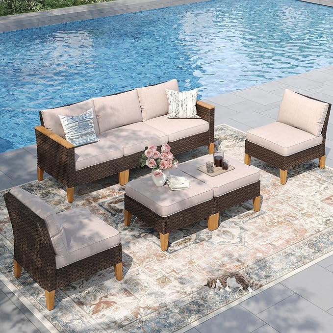 PHI VILLA Outdoor Heavy Duty Wicker Patio Conversation Set 7-Piece, Rattan Sectional Furniture Patio Set for 7 Seats with Cushioned 3 x Armrest Chair, 2 x Ottoman and 2 x Armless Sofa, Beige