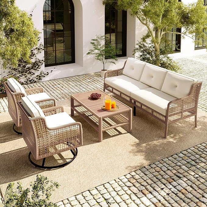4 Pieces Patio Furniture Set, Rattan Outdoor Conversation Set with 1 3-Seater Sofa, 2 360°Swivel Rocking Chair and 1 Solid Wood Tabletop Coffee Table for Poolside Backyard Deck (Beige/264)
