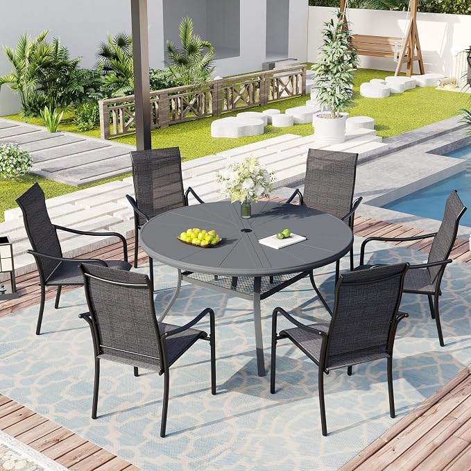Outdoor Patio Round Dining Table for 6, 47.3" x 47.3" Sleek Aluminum Dining Table with Umbrella Hole for Backyard Garden Lawn Deck, Dark Grey
