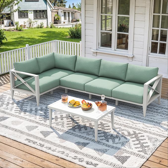 7-Piece Aluminum Patio Furniture Set, Oversized Outdoor Sectional Sofa with Corner Seat and Coffee Table, All-Weather Conversation Set for Yard, Deck, Balcony-White