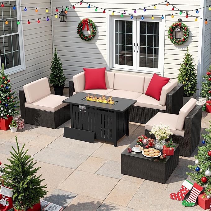 Flamaker 7 Pieces Patio Furniture Set with Fire Pit Table Outdoor Sectional Patio Sofa Furniture Set with Gas Fire Pit and Coffee Table & Ottoman Cushion Pillows, Beige