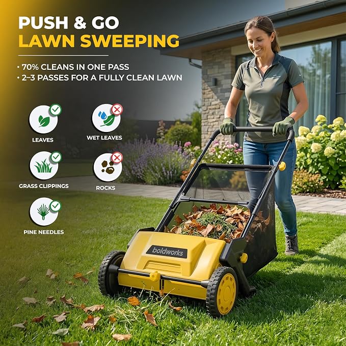 Push Lawn Sweeper 21" Walk Behind Leaf Collector for Lawn and Yard with 103L Hopper Bag Adjustable Height Grass & Leaf Picker for Lawn Cleanup