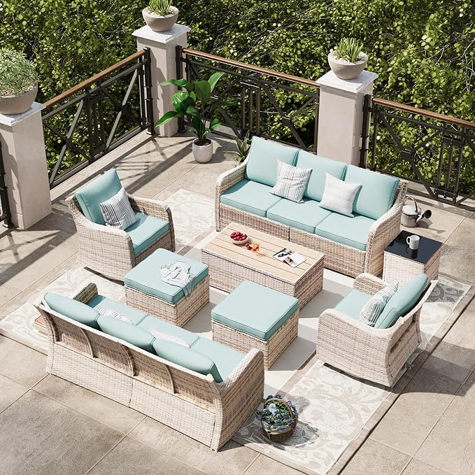 MEISSALIVVE Outdoor Patio Furniture Set with Swivel Chair, 8 Pieces Patio Conversation Set, Patio Sectional Furniture Set with 2 Three-seat Sofa, 2 Ottomans and Coffee Table (Blue)