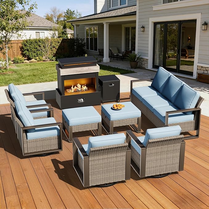 8 Pieces Metal Wicker Patio Furniture Set - 75" Sofa, Four Swivel Chairs and Two Ottomans, One Fireplace All Weather Rattan Outdoor Conversation Furniture with Washable Cushion for Deck, Baby Blue