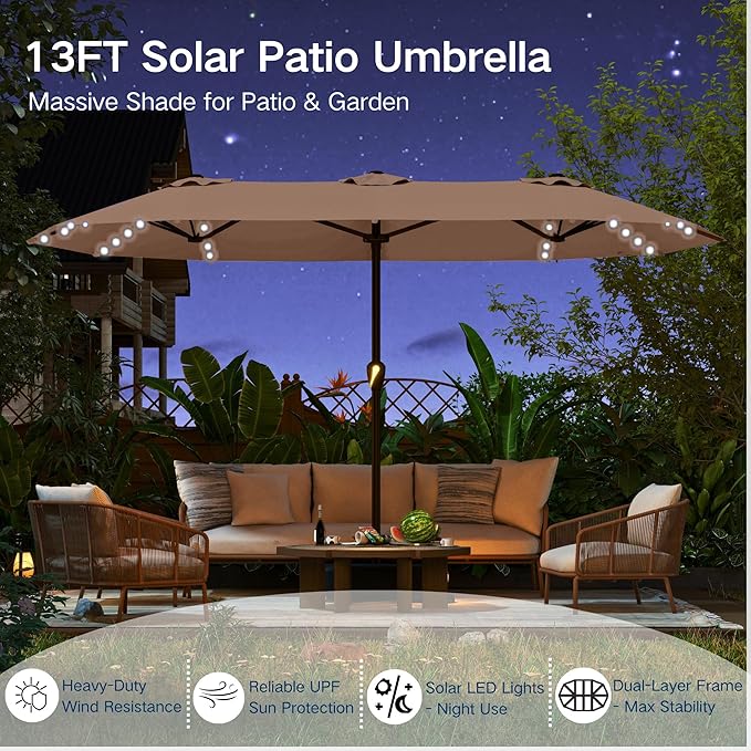 Large Patio Umbrella with Solar Lights and Base, Double-Sided Outdoor Rectangle Umbrella with 48 LED Lights, Market Table Umbrellas with UV Resistant Canopy