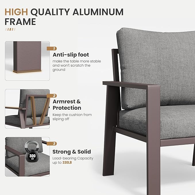 Aluminum Patio Conversation Set 5-Piece All-Weather Outdoor Sectional Sofa with 4" Cushions, Modular Patio Set for Porch Poolside Deck Yard