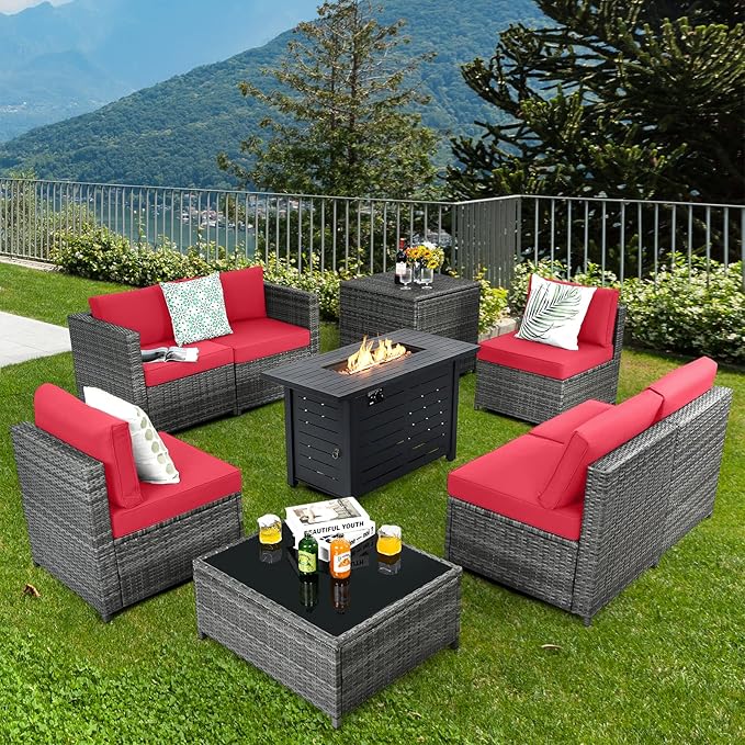 Tangkula 9 Pieces Patio Rattan Furniture Set, Patiojoy Sectional Sofa Set w/Fire Pit Table, Storage Box, Coffee Table, Outdoor Wicker Conversation Set w/ 42” ETL Approved Propane Fire Pit Table (Red)