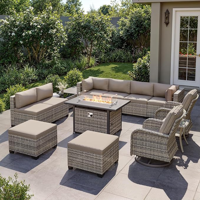 13-Piece Outdoor Patio Furniture Set with Rocking Swivel Chair, Wicker Rattan Sectional Sofa Conversation Set with 55,000 BTU Fire Pit Table with Ottomans, Backyard Furniture, Beige
