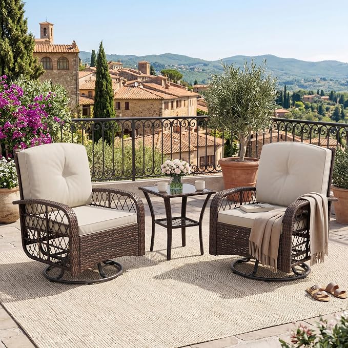3 Pieces Patio Furniture Set, Outdoor Swivel Glider Rocker Set w/Washable Cushion and Tempered Glass Tabletop, Conversation Furniture for Deck Porch Balcony Backyard Garden,Brown & Beige
