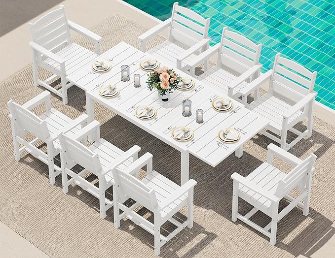 SERWALL 9-Piece Outdoor Dining Set, 60" - 83" Expandable Outdoor Dining Table and 8 HDPE Chairs, All Weather HDPE Outdoor Furniture Set for Backyard, Garden, White