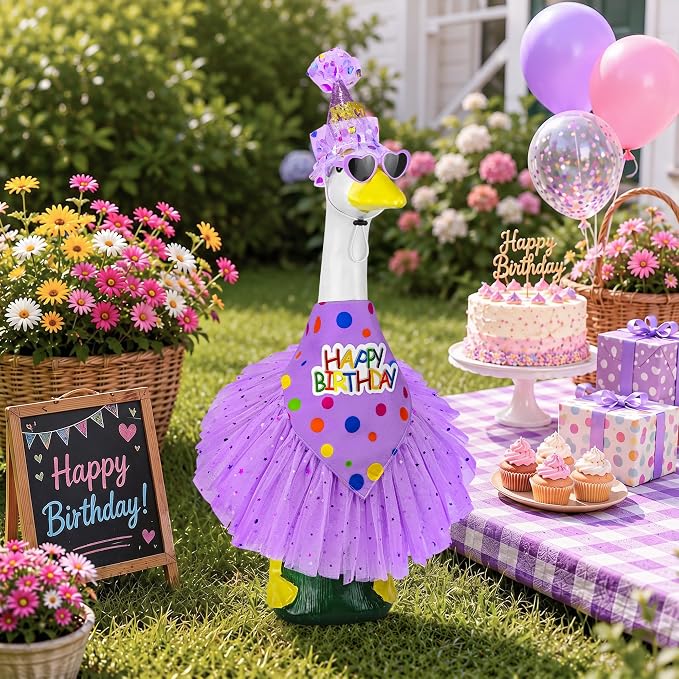 Porch Goose Birthday Outfit, Happy Birthday Goose Outfit Lawn Geese Clothes for 17/23" Cement Geese Statue for Patio (Purple)