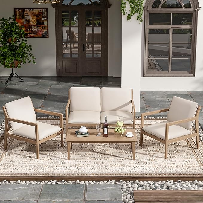Christopher Knight Home Hearth Patio 4 Pieces Conversation Set, Acacia Wood Loveseat and Accent Armchairs, Slat Panel Coffee Table, Side Table with Sofa Chairs Chat Set for Garden Yard, Light Teak