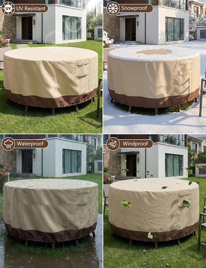 Vailge Round Patio Furniture Covers, 100% Waterproof Outdoor Table Chair Set Covers, Anti-Fading Cover for Outdoor Furniture Set, UV Resistant (Beige&brown, 96"DIAx28"H)