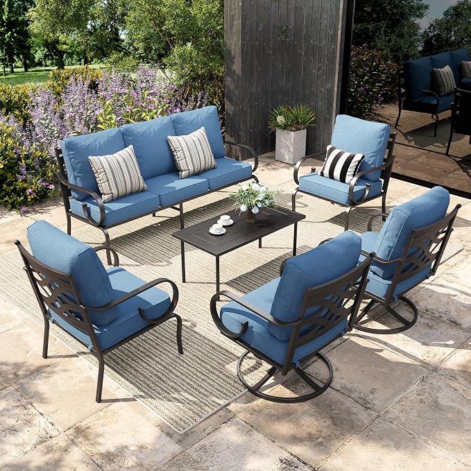 Sophia & William Patio Conversation Set for 7, 3-Seater Sofa, 2 Fixed Chairs, 2 Swivel Chairs and a Coffee Table, Metal Outdoor Furniture with 5.75" Extra Thick Cushions, Navy