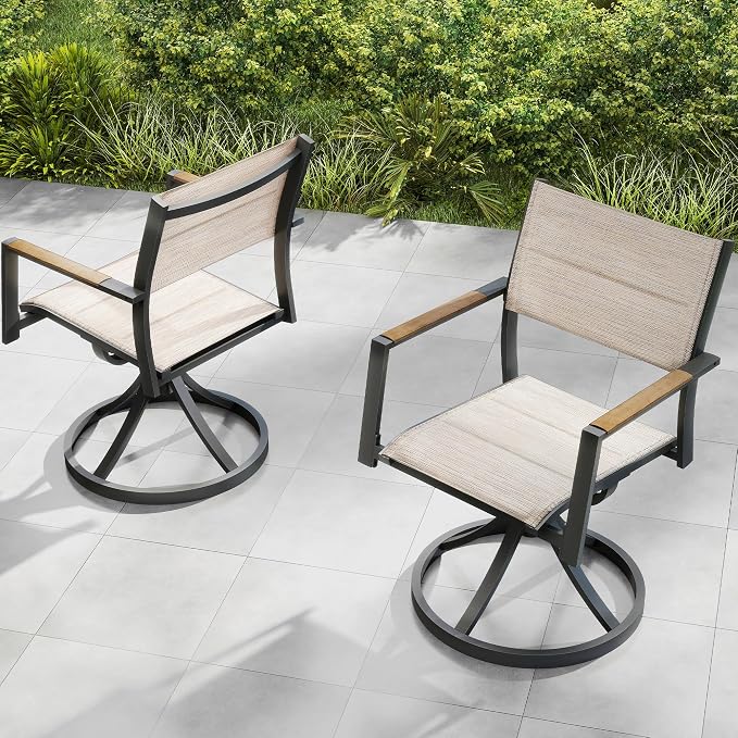 Patio Swivel Chairs Set of 2, Outdoor Swivel Rocker Dining Chair, Outdoor Dining Chair, All Weather Patio Chair with Textilene & Aluminium Frame for Outdoor Poolside Lawn, Brown Armrest