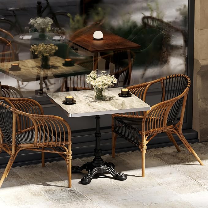 31.5" Sintered Stone Square Dining Table for 2-4 People, Marble Look Bistro Table with Heavy Duty Cast Iron Base for Outdoor Patio Garden Cafe, Living Room Balcony, Commercial Grade Small Space, Grey
