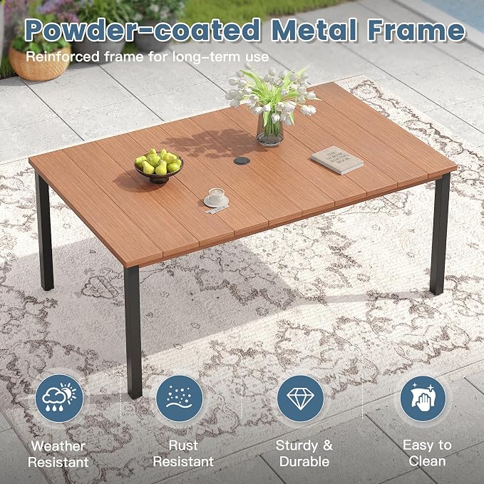 DIFY 7 Pieces Outdoor Dining Set, Metal Patio Table and Chairs Set for 6, 63" Rectangle Dining Table with Umbrella Hole & Wicker Swivel Patio Chairs with Cushions, Walnut Tabletop