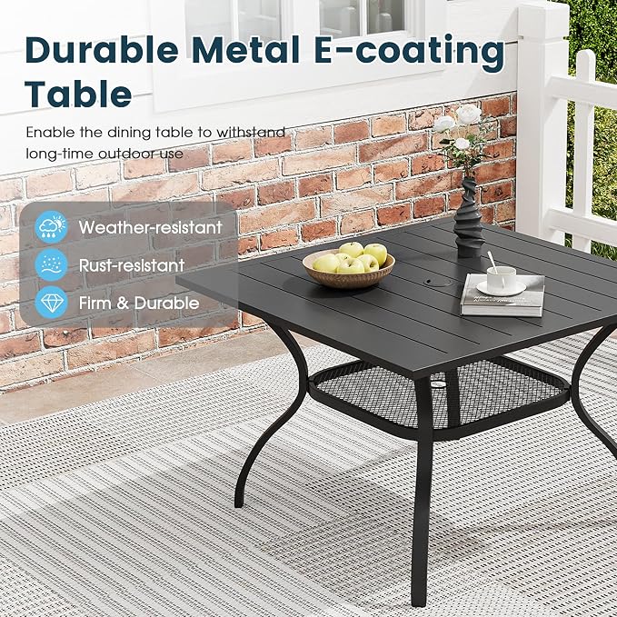 5 Pieces Patio Furniture Dining Set, 4 Textilene Swivel Dining Chairs, 38" Outdoor Square Metal Table with Storage Shelf and 1.57" Umbrella Hole, Outdoor Dining Set for Porch, Lawn, Black/Brown