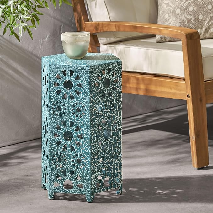 Iron Patio Side Table with Sunburst Cut Out Design 14"x22"Hexahedron Outdoor End Table Lightweight Barrel Accent Table for Garden Pool Deck Balcony Weather Resistant Easy to Move,Teal