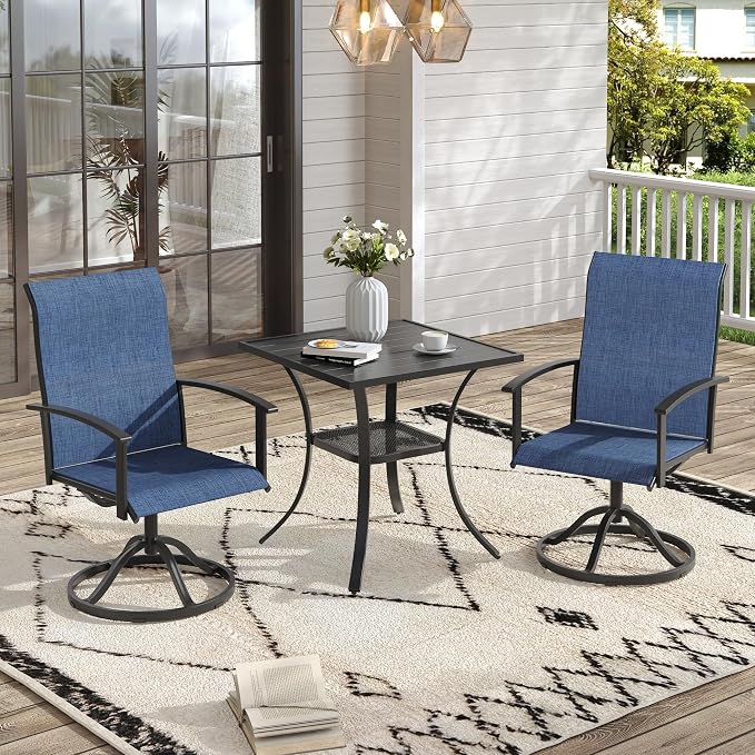 VICLLAX 3 Pieces Small Patio Dining Set-28 Small Outdoor Table and Swivel Patio Chairs Set for Deck, Lawn and Garden, Black Table and Blue Chairs