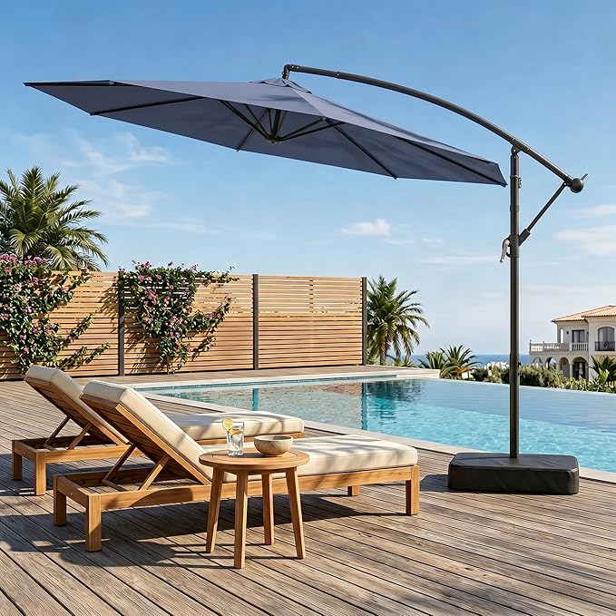 10ft Cantilever Offset Patio Umbrella with Base, Large Outdoor Patio Umbrella, 360° Rotation & Easy Tilt Adjustment, UV Protection Waterproof Patio Umbrellas for Backyard, Garden, Patio, Deck, Pool