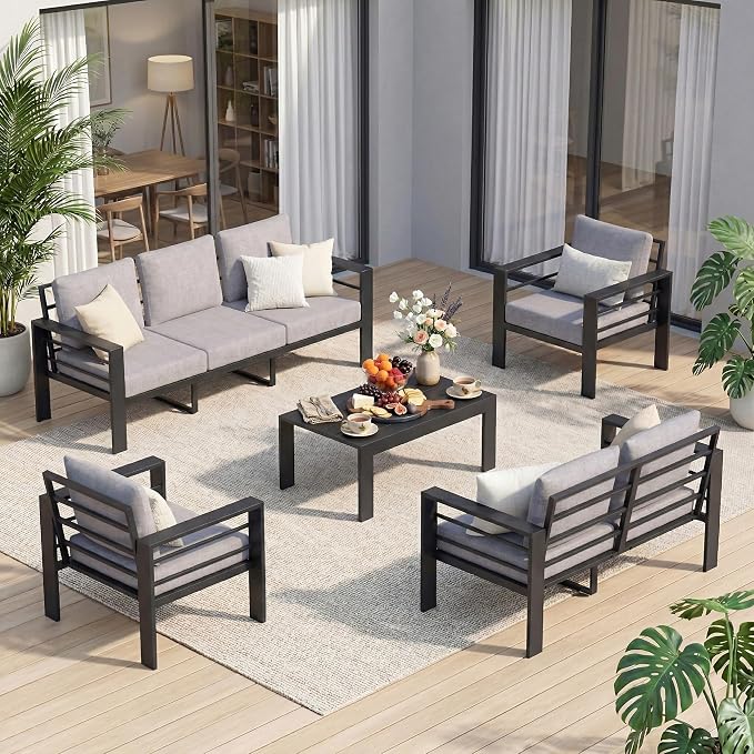 7-Seat Aluminum Patio Furniture Set, 5 Piece Outdoor Conversation Set with 4" Thick Washable Cushions & Coffee Table, Outdoor Sectional Sofa for Backyard, Deck, Porch, Poolside