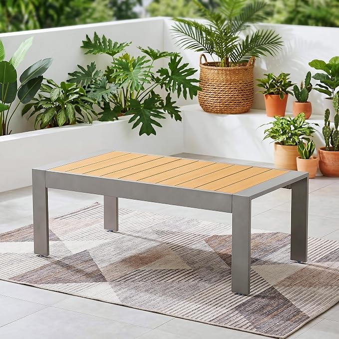 Sundale Outdoor Patio Coffee Table, Rectangular Outdoor Coffee Table with Glitter Shimmer Coated Aluminum Frame and Wood-Like Top, All Weather Deck Table for Patio, Balcony, Deck