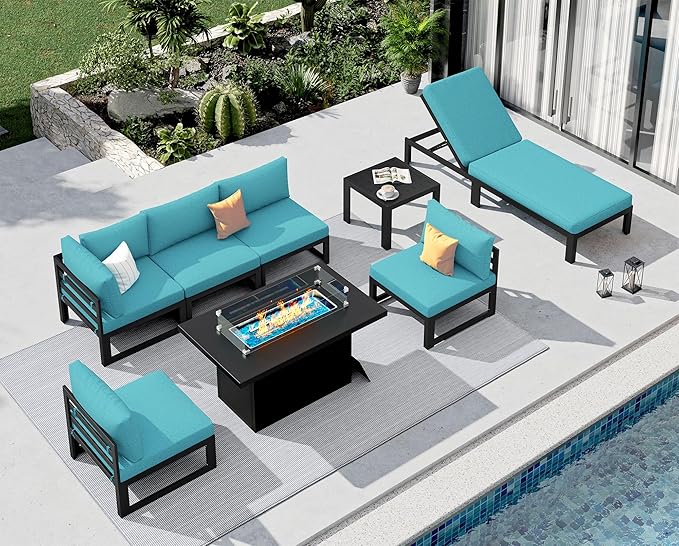 NICESOUL 8 Pcs Oversized Modern Aluminum Outdoor Patio Furniture Set with Lounge Chair & Fire Pit Table, 29" Wide Deep Seating Sectional Sofa, 500 lbs Heavy Duty Poolside Conversation Set, Turquoise