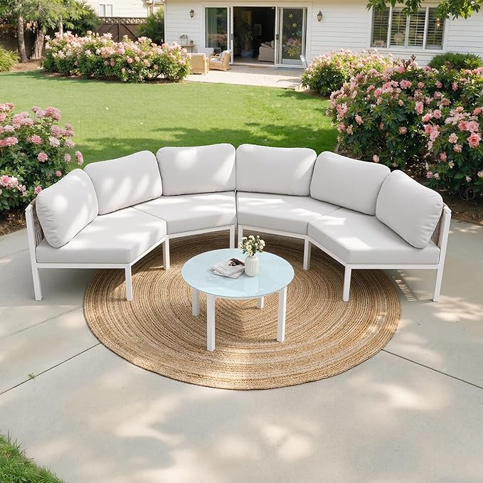 Crestlive Curved Patio Furniture Set, Modular Half Moon 4-Seater Sofa with Round Coffee Table, Aluminum Outdoor Sectional with 4.3" Cushions, All-Weather Couch for Backyard, Deck, Porch, Poolside