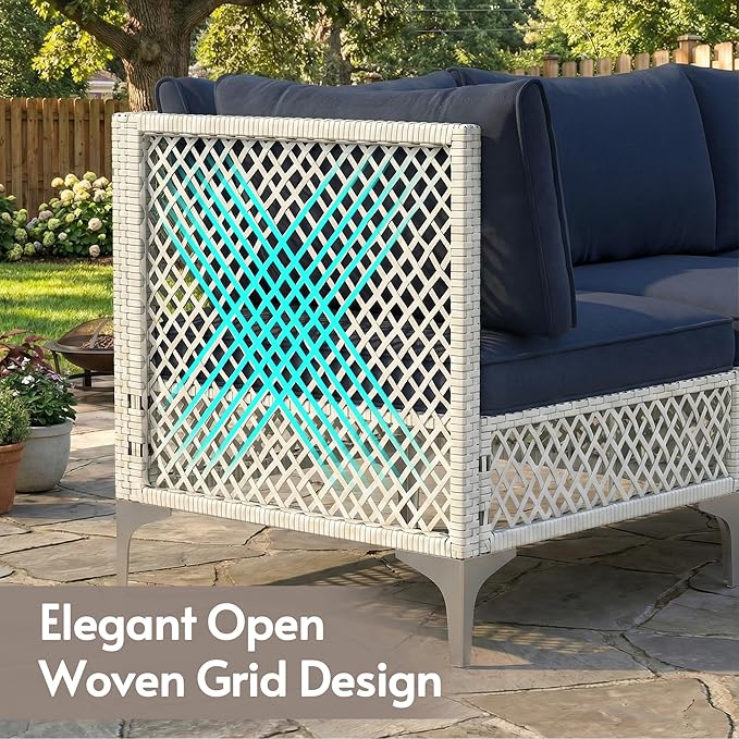 ENSTVER 7-Piece Outdoor Patio Furniture Set, Value Lightweight Boho Outdoor Sectional with Handwoven Wicker & Easy Assembly, Durable Outdoor Sofa for Small Patio, Balcony（Cushion Navy Blue）