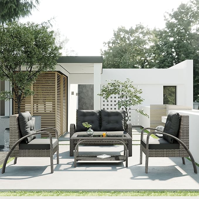 4-Piece Sectional Rattan Patio Furniture Set, All-Weather PE Wicker Sofa Set, Outdoor Patio Conversation Set with Tempered Glass Storage Coffee Table for Backyard, Poolside