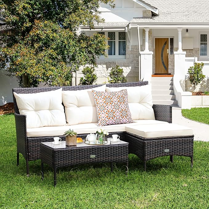Tangkula 3 Pieces Patio Conversation Set, Outdoor PE Rattan Wicker Furniture Set W/Cozy Cushions, All Weather Sectional Sofa Set W/Tempered Glass Coffee Table for Poolside, Backyard, Garden
