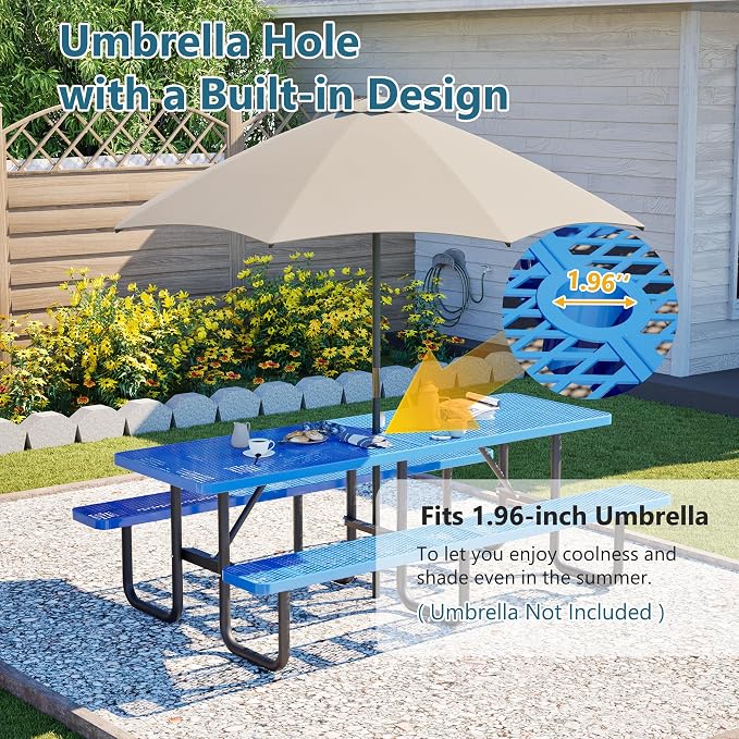 96" Heavy Duty Outdoor Picnic Table for 10, Galvanized Steel Frame with Umbrella Hole, 882LBS Capacity, Mesh Top – Picnic Camping Patio Garden