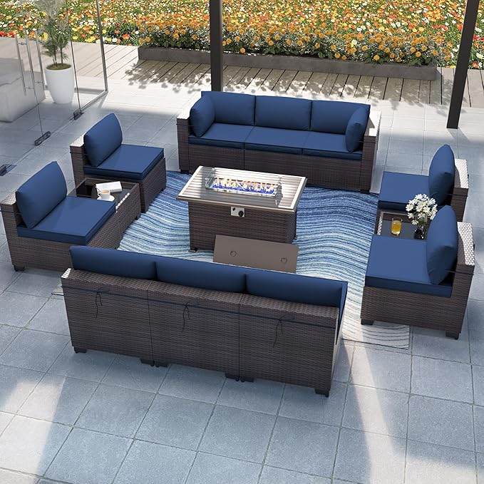 Patio Furniture Set with Fire Pit Table 13-Pieces Outdoor Sectional Furniture Outdoor Rattan Patio Conversation Sets with 43in Propane Gas Fire Pit Table and Glass Table, Navy Blue