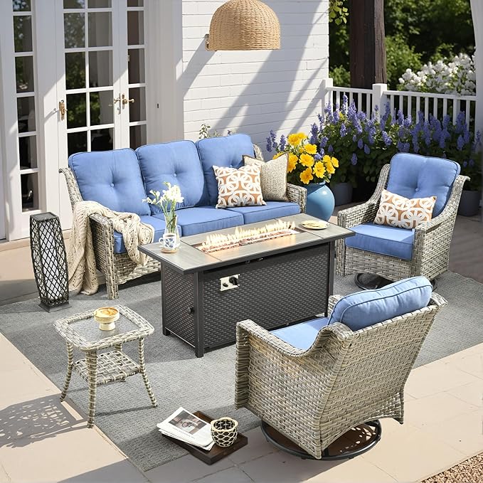 HOOOWOOO Patio Furniture Set,5 Pieces Wicker Outdoor Furniture,High Back Conversation Set with All Weather Resistant Fire Pit Table Couch Swivel Chairs,Diamond Blue