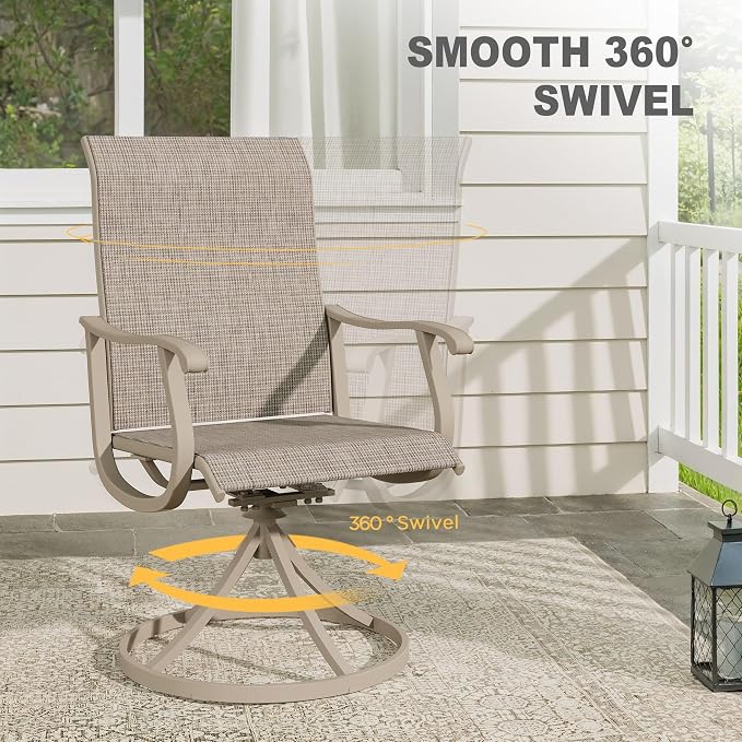 VICLLAX Patio 7 Pieces Outdoor Dining Set, 53" Round Metal Table with Umbrella Hole and 6 Swivel Textilene Chairs for Lawn, Garden, Porch, Sandshell