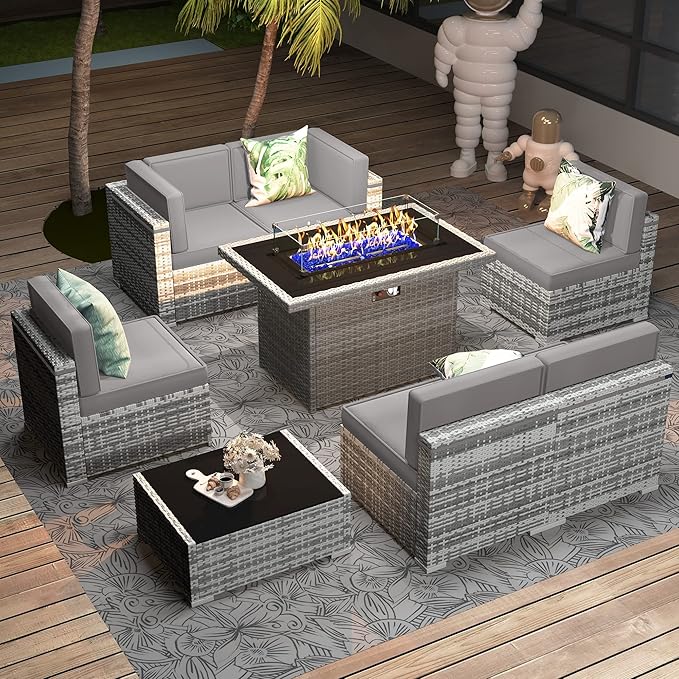 8 Pieces Patio Furniture Set with 44" Propane Gas Fire Pit Table, Outdoor Sectional Wicker Conversation Sofa Sets with Coffee Table