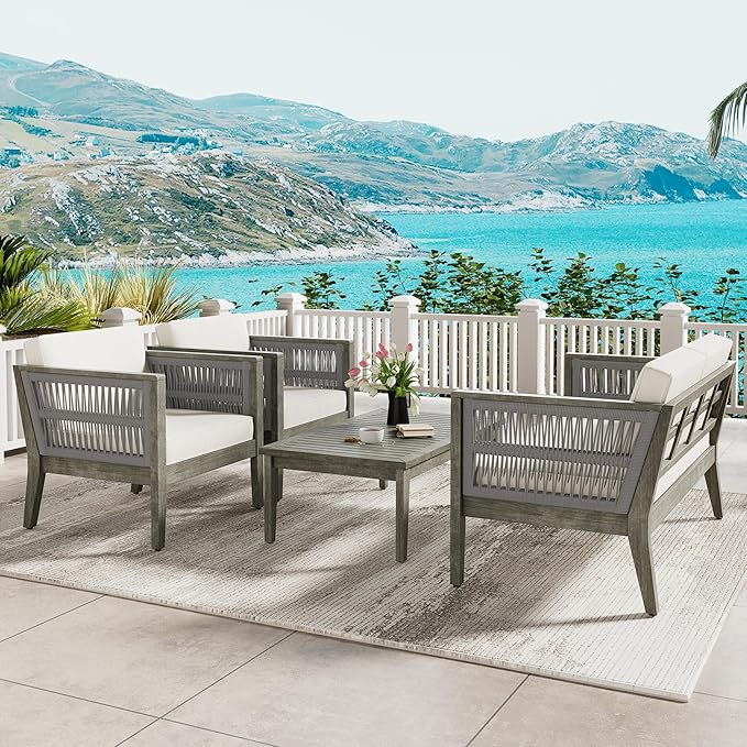 Merax 4-Piece Outdoor Acacia Wood Patio Furniture Conversation Set with Braided Rope,Sofa Couch with Coffee Table,for Backyard