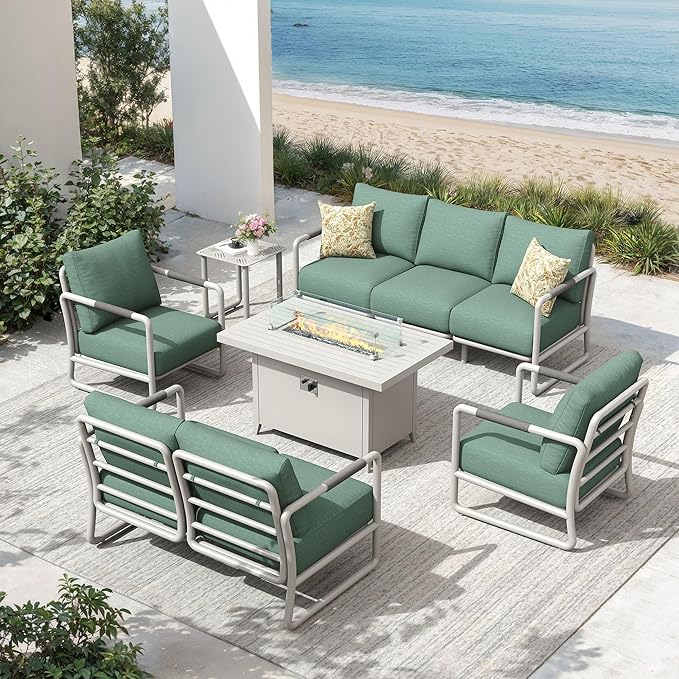 Outdoor Aluminum Patio Furniture Set, 7-Seats Patio Conversation Sofa Set with Oversized Fire Pit Table w/Glass Wind Guard, All Weather for Balcony, Garden-White
