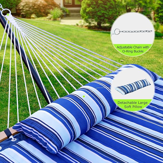 Double Hammock with Stand, Heavy Duty Outdoor Hammock for Two, 500 LBS Capacity, Stable Steel Frame with Balance Strap, Easy Tool-Free Assembly for Patio, Garden, Backyard & Beach,Blue