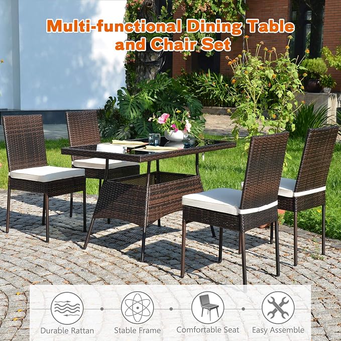 RELAX4LIFE 5-Piece Rattan Dining Set - Outdoor Wicker Table & Chair Set w/Tempered Glass Tabletop, Removable Cushions, Modern Dining Furniture Set for Backyard, Porch