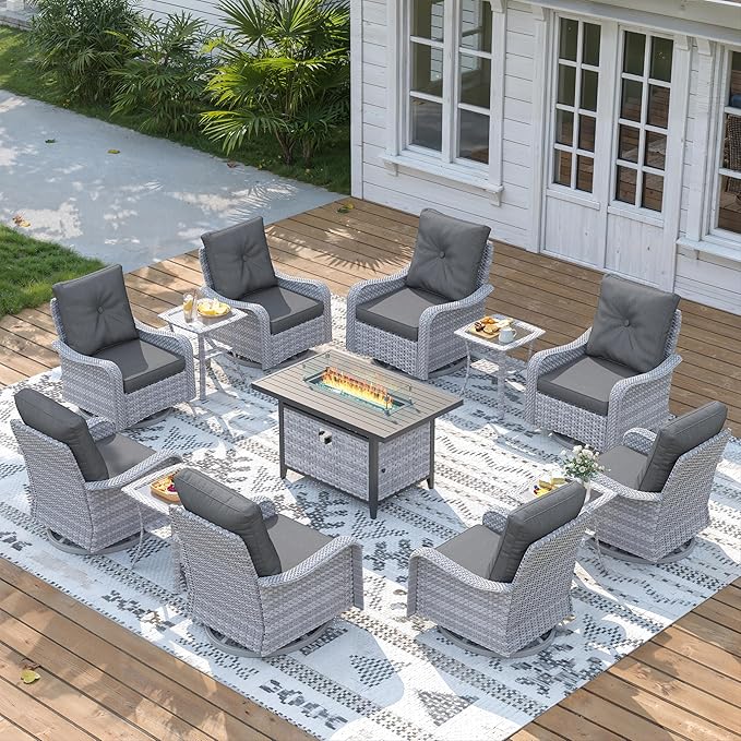 13 Piece Wicker Patio Furniture Set with 55,000 BTU Fire Pit Table, Swivel Rocking Chairs, 4''Cushions, PE Rattan, Wind Guard Glass, for Backyard, Deck or Balcony, Black